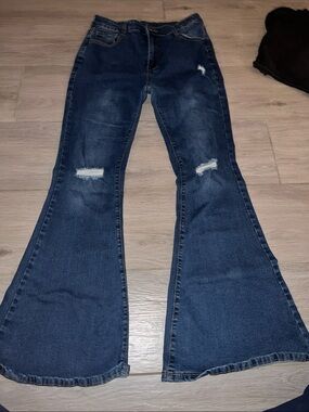 Women's Dark Blue Flared Distressed Jeans